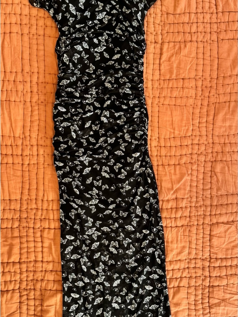 Black Butterfly-Print Maxi Dress - Elegant Ruched Silhouette